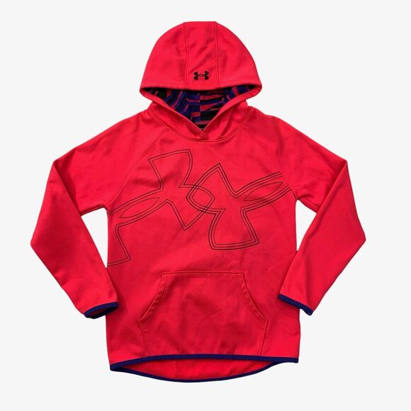 Under Armour Hoodie Girls M Medium Neon Pink Coldgear Loose Dual Logo Fleece - Picture 1 of 11